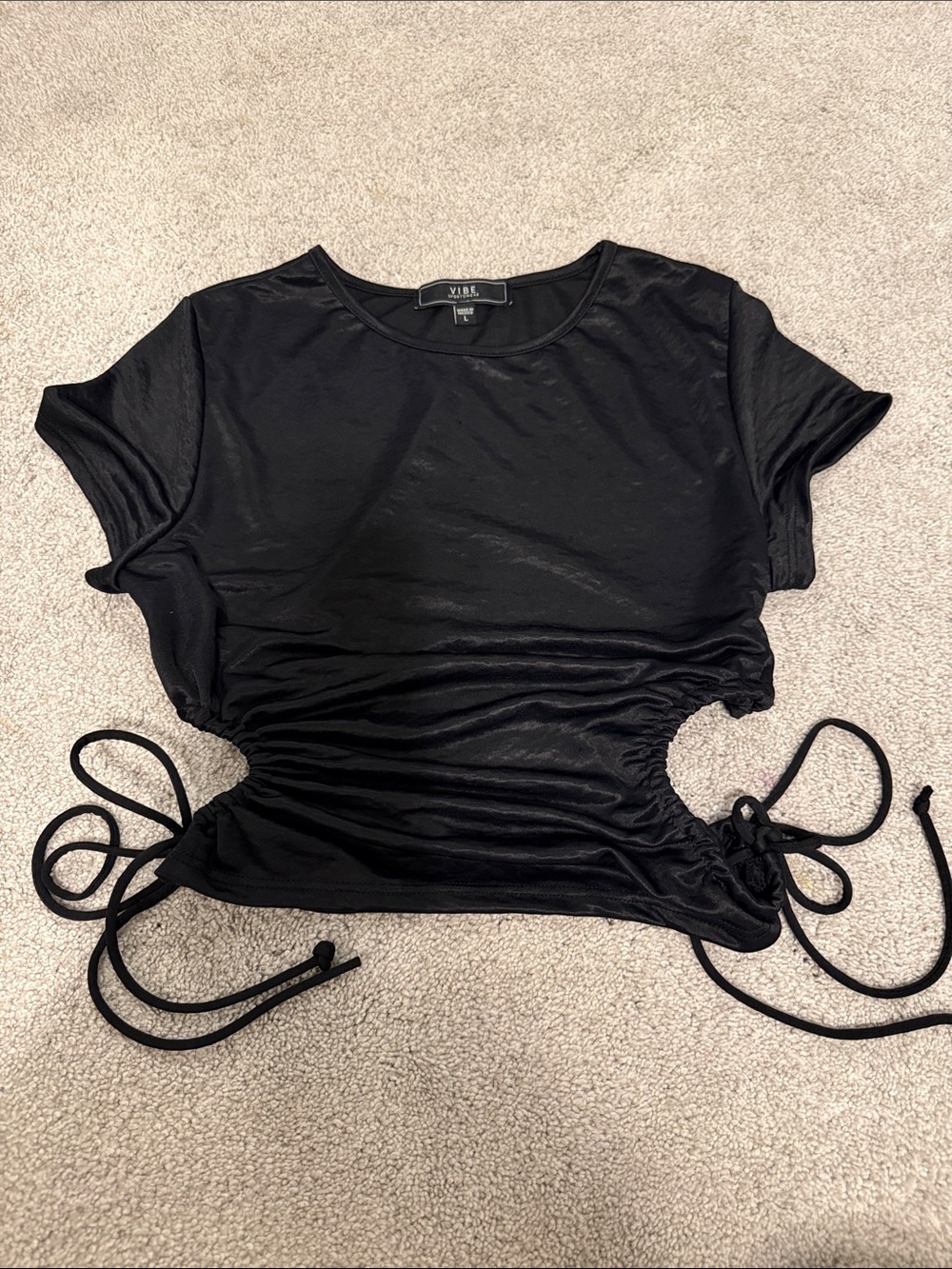 Vibe Black Ruched Side-Tie Crop Top